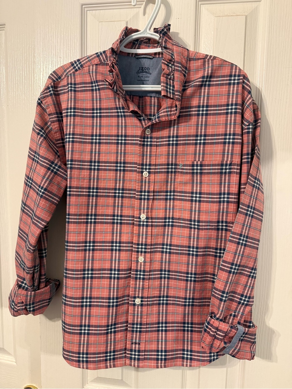 Woman’s Izod Coral and Navy Plaid Button-Down Ruffle collar Shirt